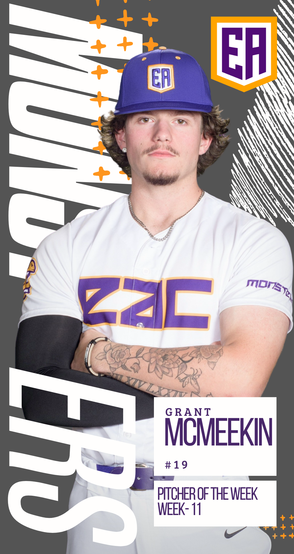 Graphic featuring Eastern Arizona College baseball player Grant McMeekin, #19. The player is shown wearing a white Eastern Arizona uniform and purple cap with arms crossed, standing against a dark gray graphic background with orange accents. Text on the image reads “Grant McMeekin #19” and “Pitcher of the Week – Week 11,” with the EA logo displayed in the upper corner.