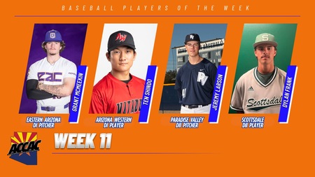 Graphic titled “Baseball Players of the Week – Week 11” from the ACCAC. The image shows four player portraits on an orange background. From left to right: Eastern Arizona pitcher Braxton Kennem, Arizona Western third baseman Tesh Shono, Paradise Valley pitcher Preston Harrison, and Scottsdale infielder Graham Diller, with school names and positions displayed below each photo.