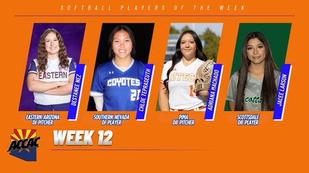 Graphic titled “Softball Players of the Week – Week 12” from the ACCAC. The image shows four player portraits on an orange background. From left to right: Eastern Arizona pitcher Destinee Martinez, Southern Nevada pitcher Kenzie Ferguson, Pima pitcher Jordan Armando, and Scottsdale infielder Jacel Hargun, with school names and positions displayed beneath each photo.