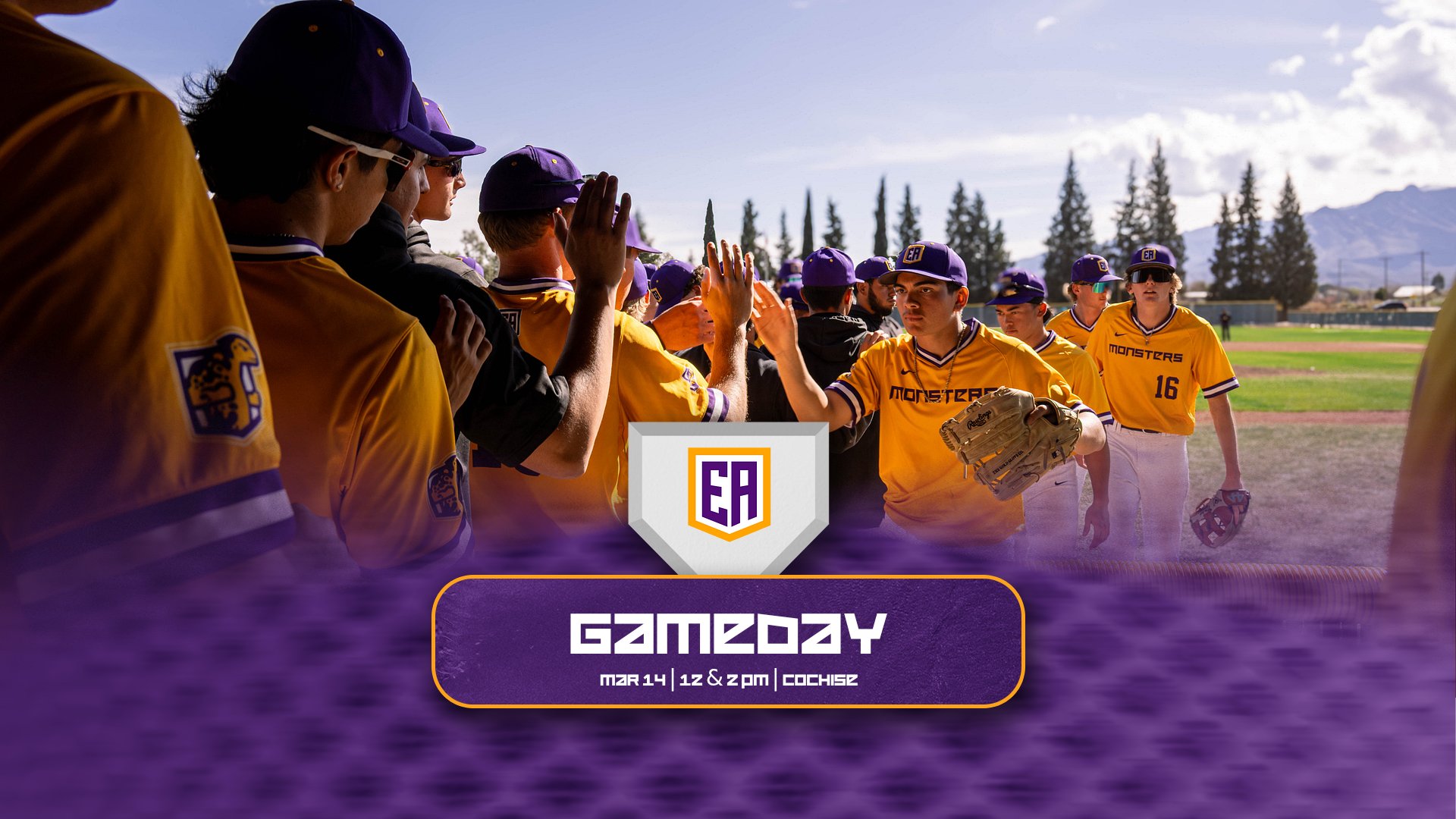 A digital flyer for Eastern Arizona College Baseball announcing a game day. The design displays the game date as March 14 and lists two game times, 12:00 p.m. and 2:00 p.m. The flyer states that the games will be played at Cochise College in Douglas, Arizona. The layout features typical sports?style graphics and text promoting the matchup.