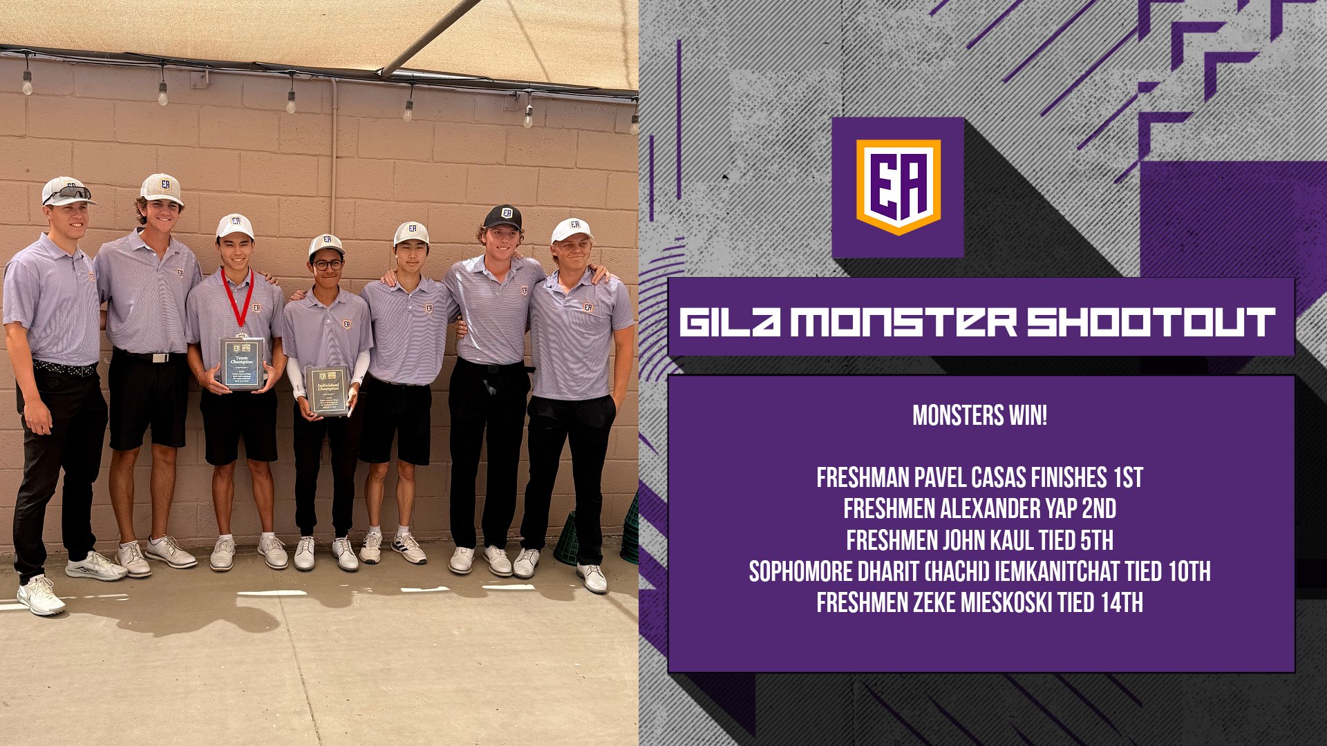 Eastern Arizona College golf team stands together outdoors at Mt. Graham Golf Club after the Gila Monster Shootout, wearing matching purple and gray team uniforms and caps. Two players at center hold individual awards. A graphic beside the photo reads “Gila Monster Shootout” and lists Eastern Arizona results, noting a team win with Pavel Casas finishing first, Alexander Yap second, John Kaul tied for fifth, Dharit Iemkanitchat tied for tenth, and Zeke Mieskoski tied for 14th.