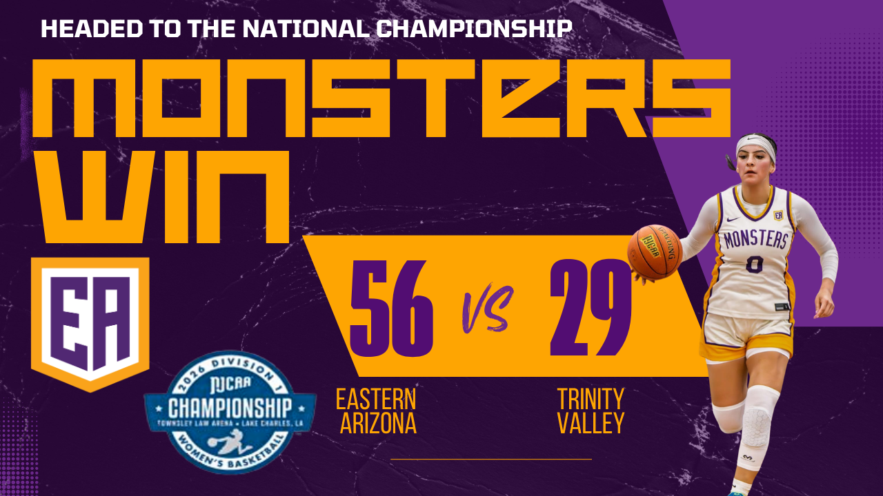 A graphic announcing Eastern Arizona College women’s basketball advancing to the national championship. The top of the image reads “Headed to the National Championship” with large bold text saying “Monsters Win.” The EAC shield logo appears on the left. At the center, a gold scoreboard graphic shows the final score, Eastern Arizona 56 and Trinity Valley 29. At the bottom left is the NJCAA Division I Women’s Basketball Championship logo. On the right side of the image, an Eastern Arizona player in a white and gold uniform dribbles a basketball against a purple background.