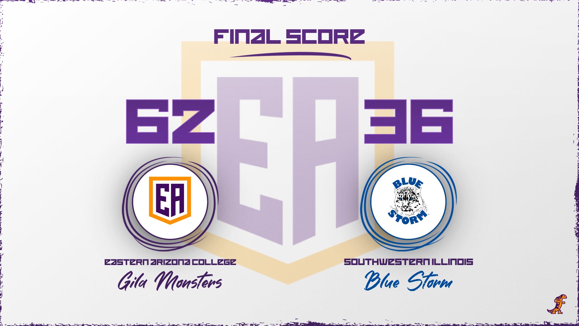 Graphic displaying the final score of Eastern Arizona College versus Southwestern Illinois. Large purple numbers show Eastern Arizona 62 and Southwestern Illinois 36. The Eastern Arizona Gila Monsters logo appears below the score on the left, and the Southwestern Illinois Blue Storm logo appears on the right. The background includes a faint oversized EA emblem and decorative borders.